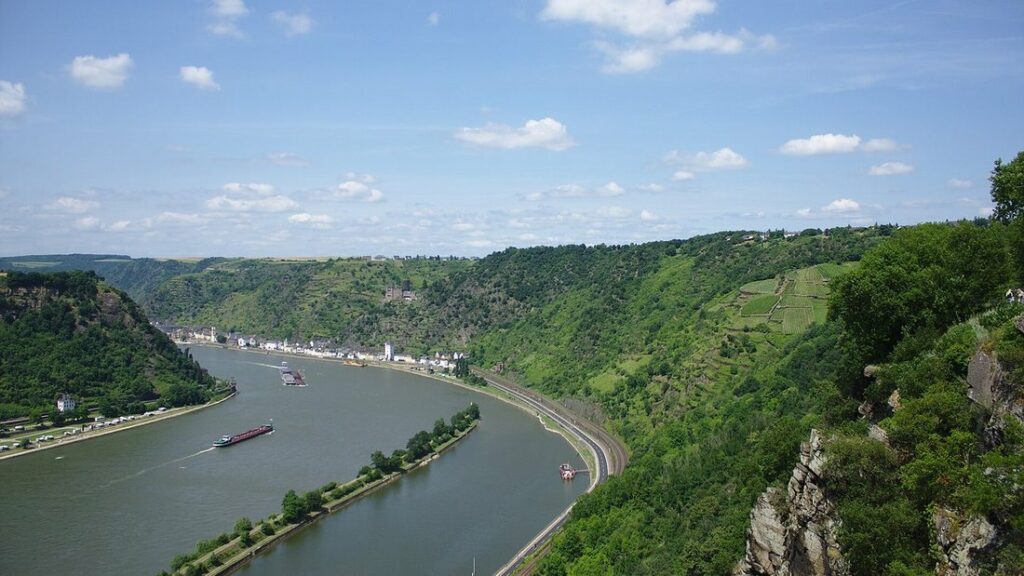 Large méandre du Rhin entre des versants boisés et des vignes, avec une péniche et une petite ville au bord de l'eau