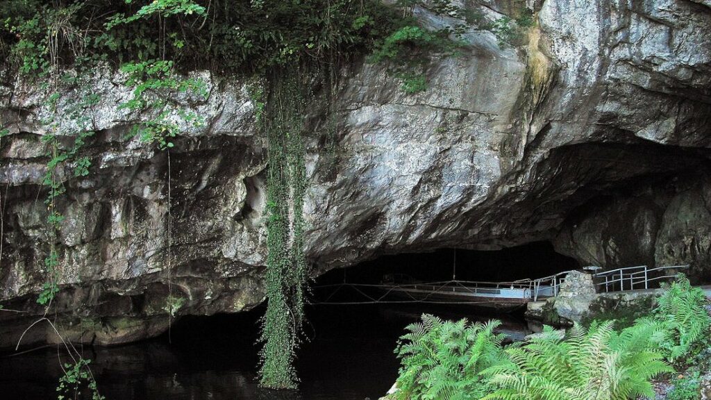 Porche rocheux d'une grotte calcaire au-dessus d'une eau sombre, avec du lierre, des fougères et une passerelle