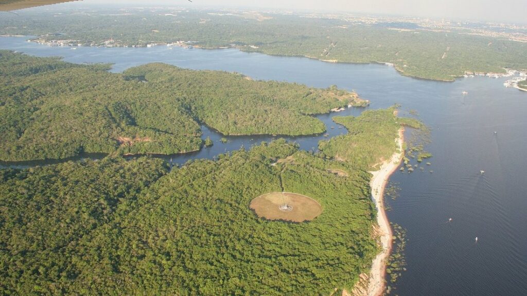 Vue aérienne d'un large fleuve bordé par la forêt amazonienne dense, près de Manaus