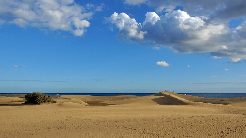 Dunes de sable doré de Maspalomas sous un ciel bleu aux nuages blancs, avec l'océan à l'horizon