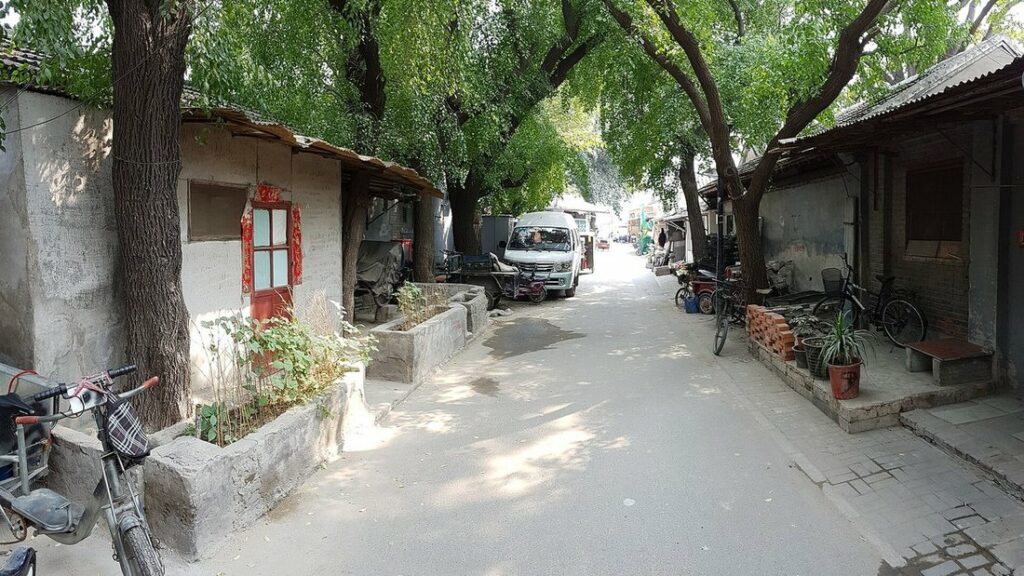 Ruelle ombragée par de grands arbres entre des maisons basses aux murs de brique grise