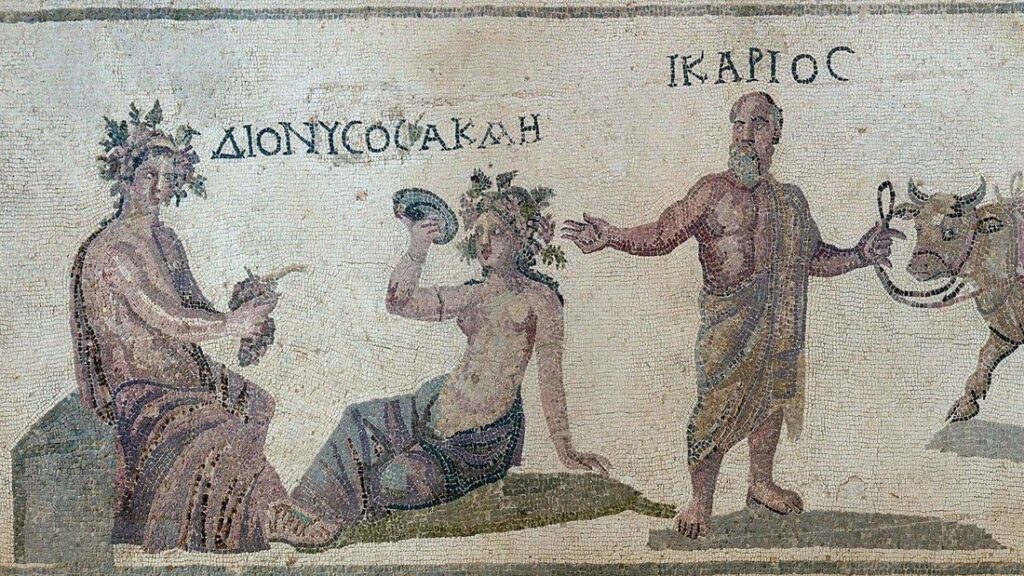 Mosaïque romaine de la maison de Dionysos montrant des personnages sous des inscriptions grecques