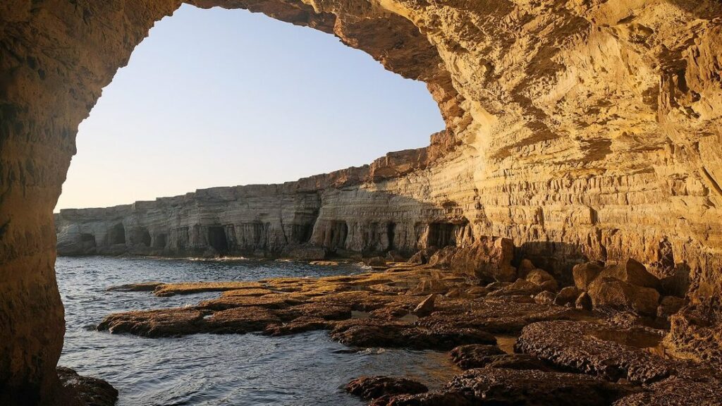 Arche rocheuse d'une grotte marine ouvrant sur les falaises ocre du cap Greco