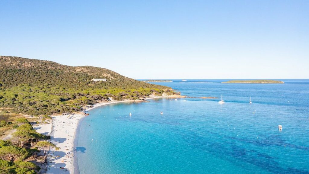 Vue aérienne de la baie de Palombaggia, avec sa plage de sable clair, sa mer turquoise et les pins du rivage