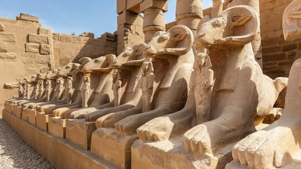Allée de sphinx à tête de bélier le long d'un mur de pierre au temple de Karnak