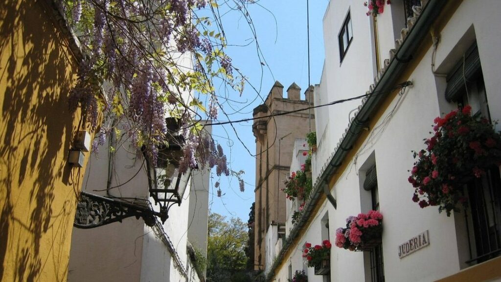 Ruelle étroite bordée de façades blanches et ocre fleuries, avec un lampadaire en fer forgé, dans le quartier de Santa Cruz