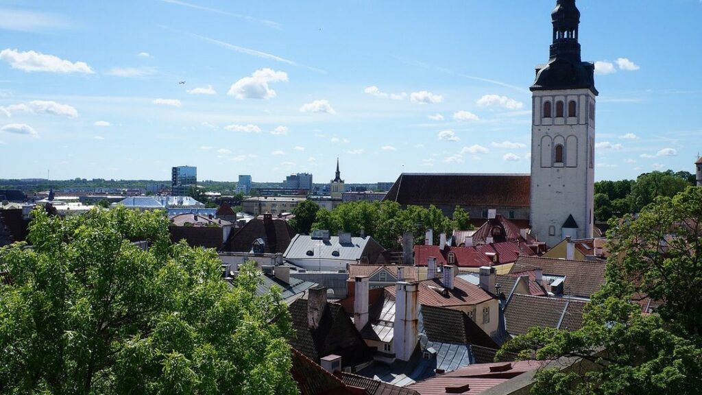 Toits rouges de la vieille ville de Tallinn et un clocher, vus depuis une terrasse d'observation