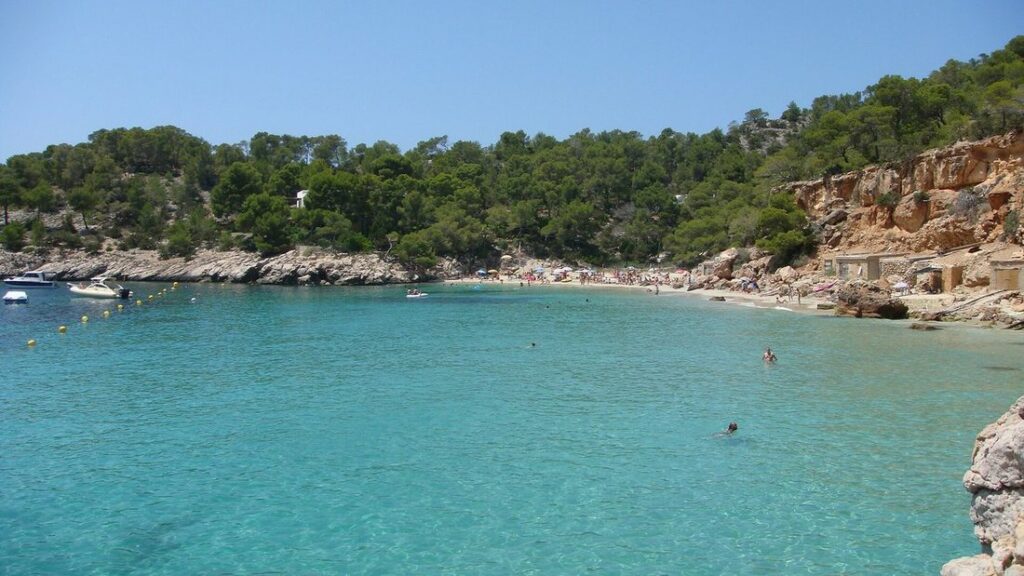 Crique de Cala Salada, eau turquoise et rives rocheuses couvertes de pins, avec quelques bateaux au mouillage