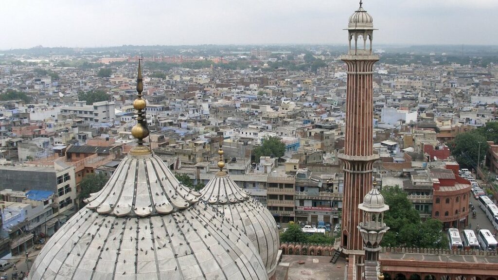 Coupoles blanches et minaret de la Jama Masjid dominant les toits d'Old Delhi sous un ciel voilé