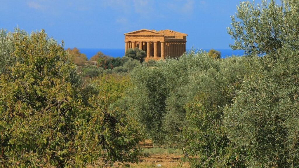 Temple grec isolé au milieu des oliviers et des buissons, avec la mer à l'horizon