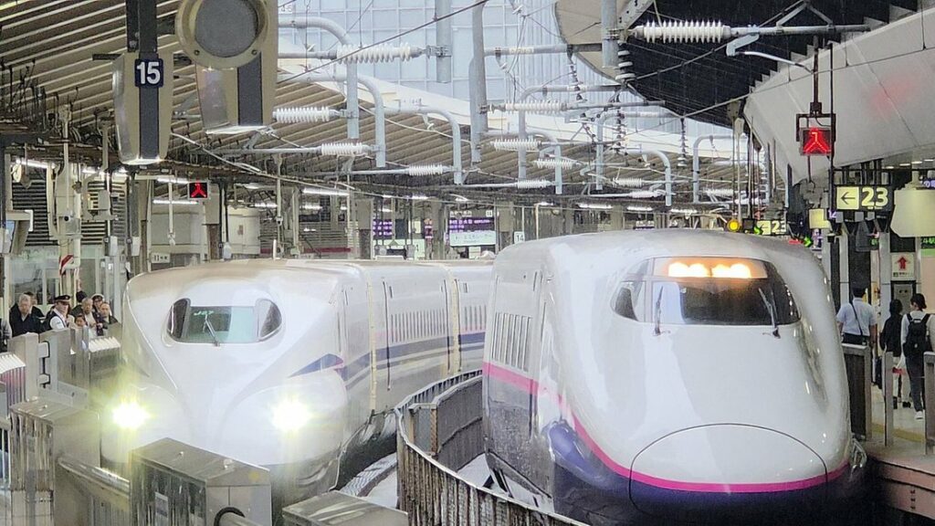 Deux Shinkansen aux nez profilés, un N700S blanc et bleu et un train à bande rose, à quai à la gare de Tokyo