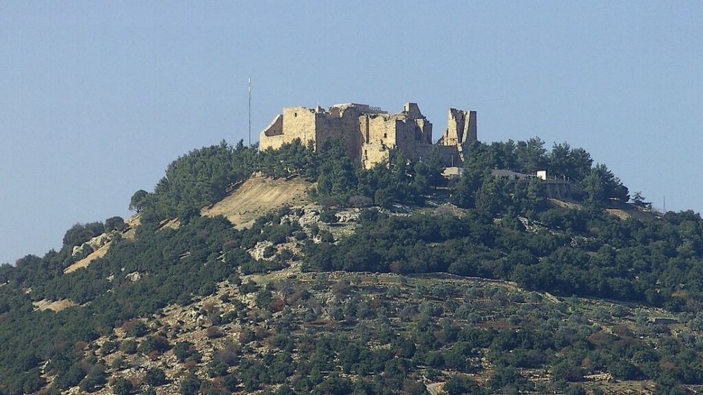 Forteresse d'Ajloun perchée au sommet d'une colline boisée, vue de loin