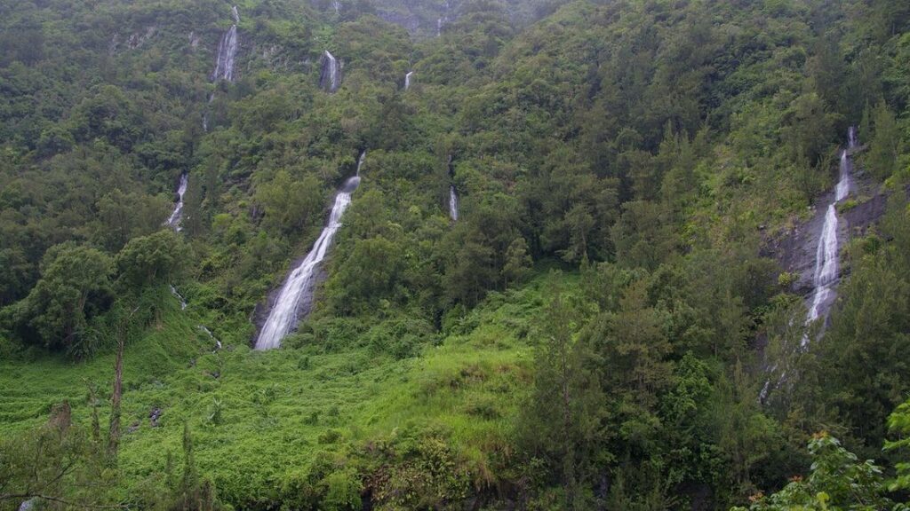 Cascade fine tombant d'une paroi couverte de forêt dense, avec une seconde chute plus loin