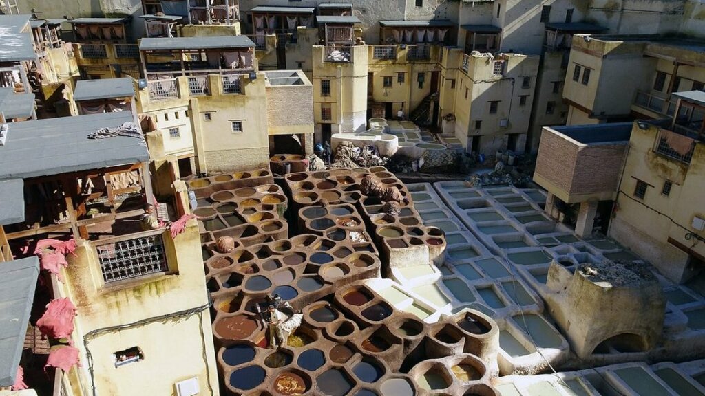 Cuves rondes des tanneries Chouara à Fès, vues d'une terrasse, entourées de bâtiments de la médina