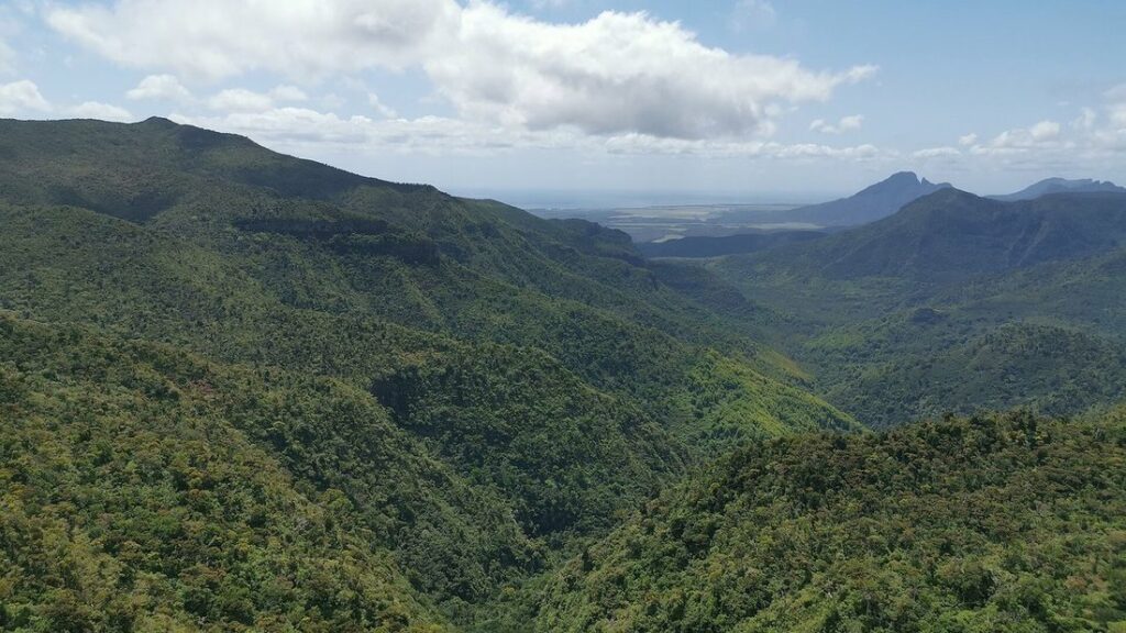 Collines couvertes de forêt tropicale sous un ciel nuageux, vues depuis un belvédère du parc national
