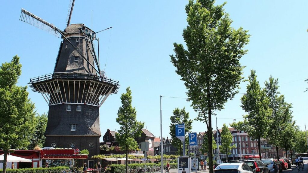 Grand moulin à vent en bois sombre entouré d'arbres, sous un ciel bleu, au bord d'une rue