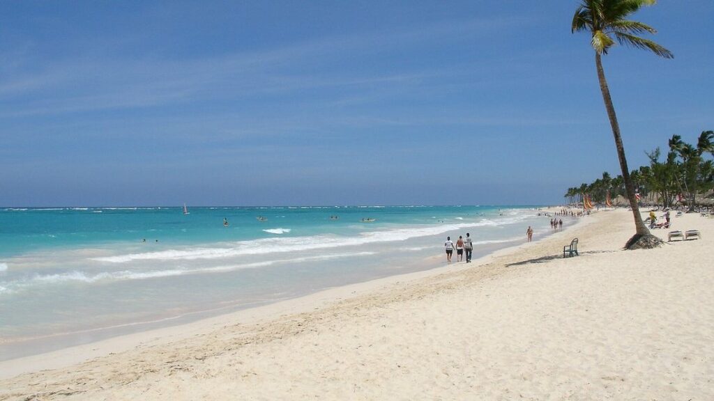 Longue plage de sable clair bordée d'un palmier, avec une mer turquoise et quelques promeneurs au loin