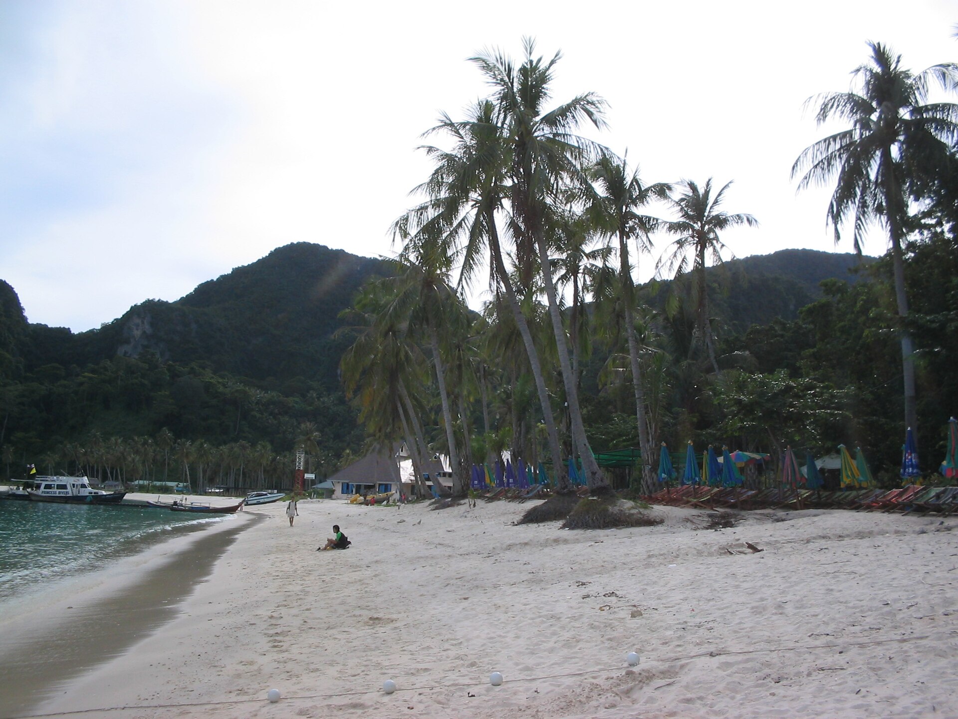 Plage de sable clair bordée de cocotiers, collines boisées au fond et bateaux amarrés à gauche, sous un ciel voilé