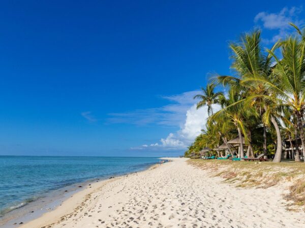 Plage de sable blanc bordée de cocotiers, lagon turquoise et ciel bleu à Le Morne, île Maurice