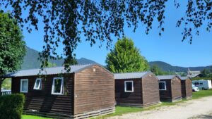 Rangée de chalets locatifs en bois au toit gris sous une branche de bouleau, avec des montagnes boisées derrière