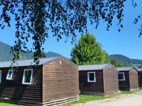 Rangée de chalets locatifs en bois au toit gris sous une branche de bouleau, avec des montagnes boisées derrière