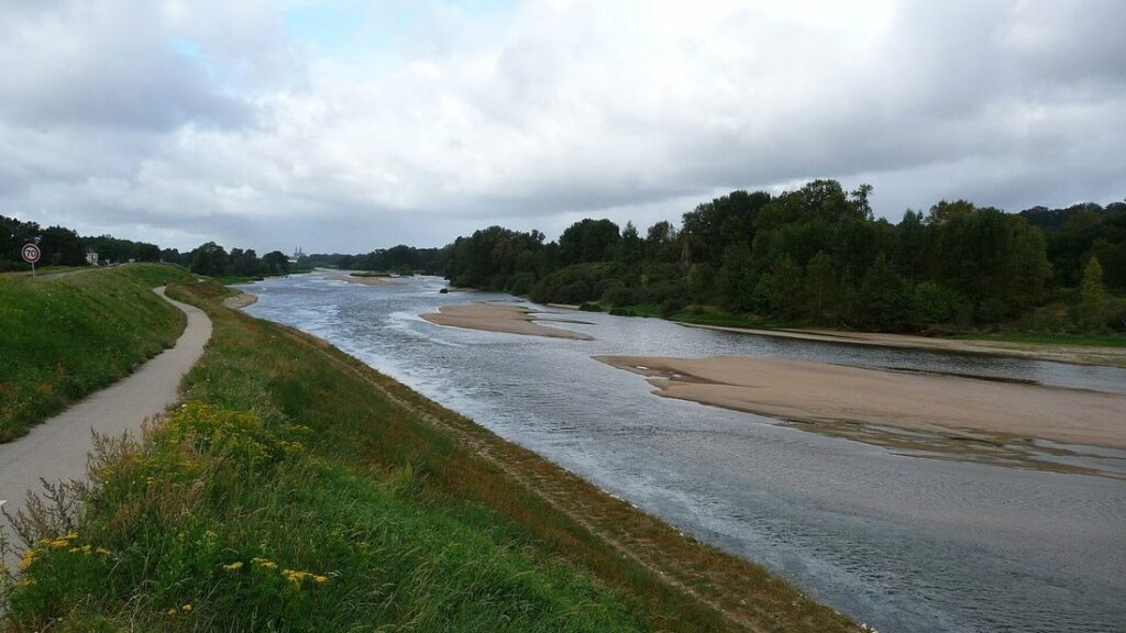 Loire large aux bancs de sable, avec un chemin goudronné sur la levée herbeuse à gauche et des rives boisées
