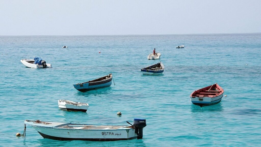 Barques de pêche et petits bateaux au mouillage sur une eau turquoise calme, ciel pâle sans nuage