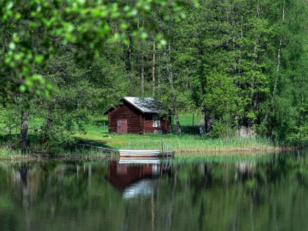 Petite cabane en rondins rouge au bord d'un lac entouré de bouleaux, avec une barque blanche amarrée